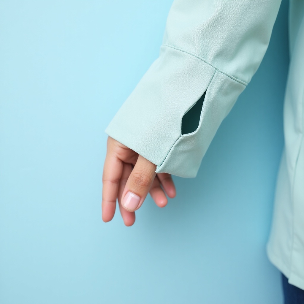 Close-up of a light blue sleeve with a small hole. A fingertip peeks through the hole.