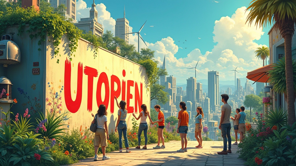 A lively and colorful Solarpunk scene. Young activists paint a large wall that reads 'Utopien.' The background shows a lush green urban environment. The city features eco-friendly architecture with wind turbines and solar panels. Activists wear vibrant clothes with paint on them. The atmosphere is warm and positive. The scene conveys hope and creativity.