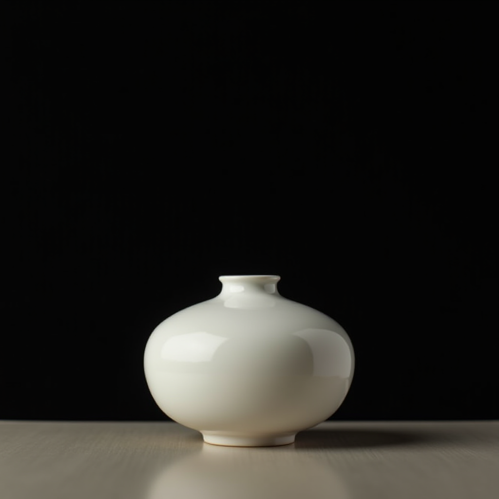 A small white vase with a glossy finish stands out against a dark background.