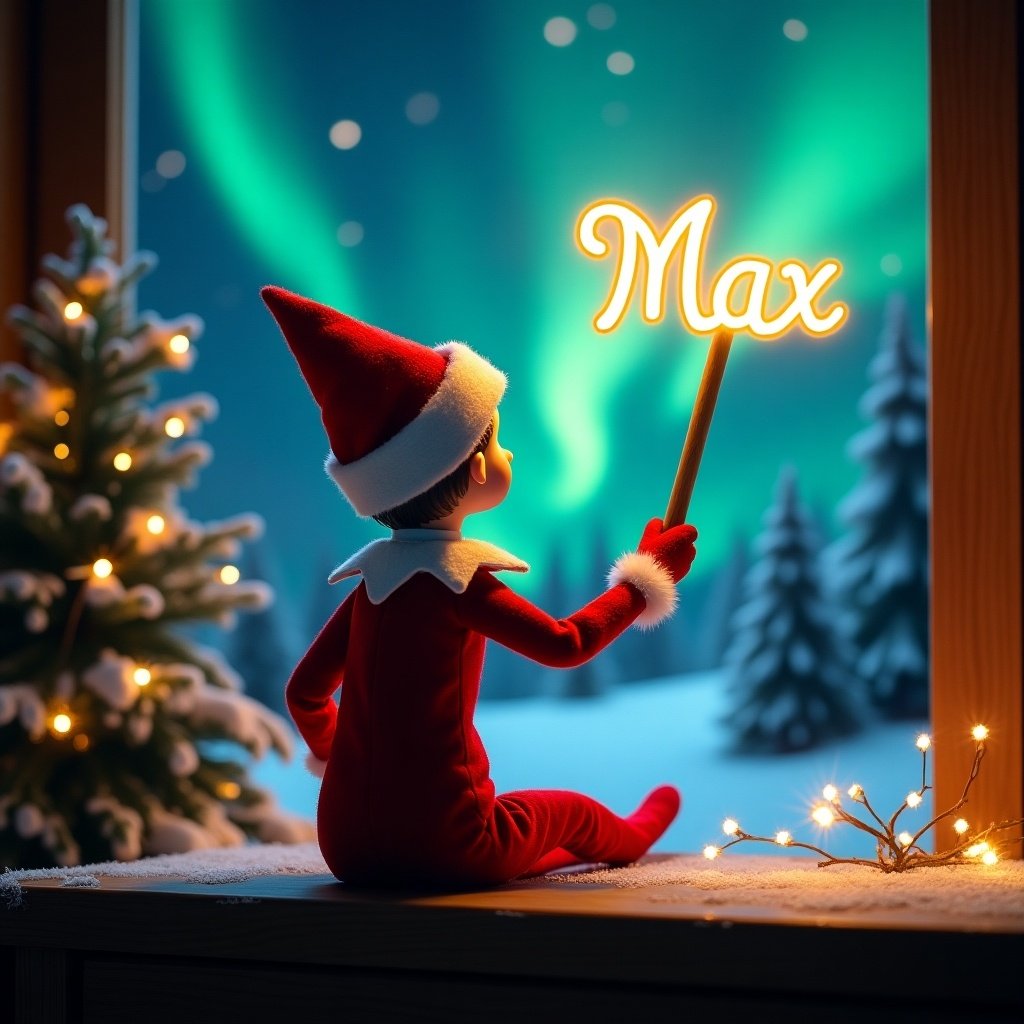 Enchanting Christmas scene featuring elf on the shelf. Elf dressed in red and white. Holding magic wand with glowing script 'Max'. Background has vibrant northern lights. Scene captures spirit of Christmas with whimsical twist.