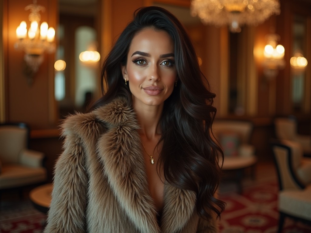 A glamorous woman stands confidently in a luxurious setting. She is wearing an exquisite fur coat that enhances her elegance. The room is beautifully decorated, reflecting luxury and class. Soft ambient lighting casts a warm glow around her. Her long, flowing hair and perfectly styled makeup complement her sophisticated appearance. This scene captures the essence of high-end fashion and beauty lifestyle.