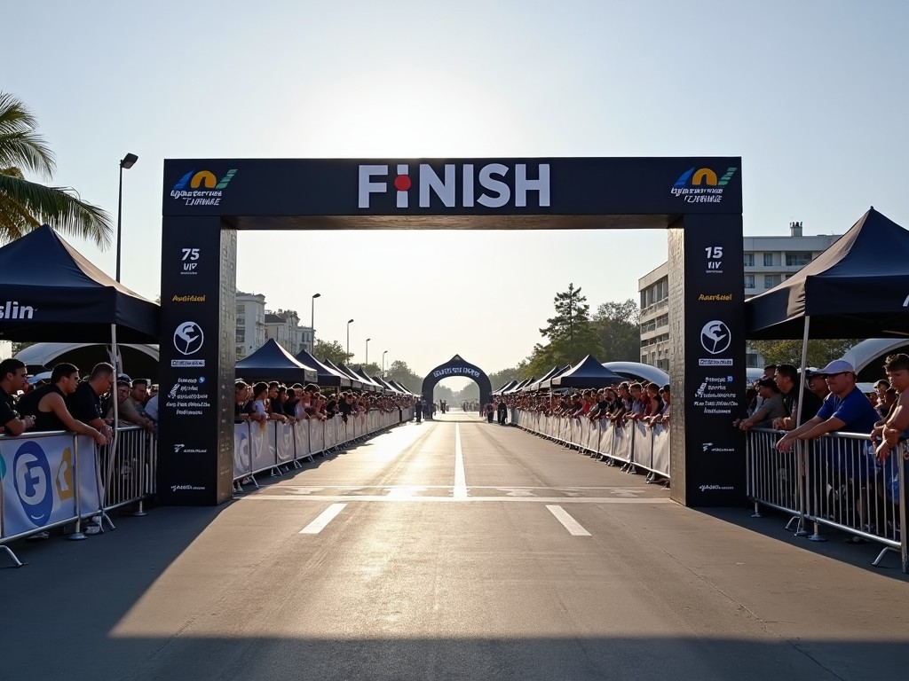 The image features a professional view of a cycling championship finish line taken from behind the arch, looking towards the racers. The finish arch has 'FINISH' boldly displayed, creating a clear focal point. On either side of the arch, two canopies are set up for spectators. To the right of the arch, a VIP terrace area is visible, providing a premium space for guests. Further along the right, there's an awards stage equipped with an LED screen, ready for the ceremony after the race. The whole scene is bathed in bright sunlight, enhancing the festive atmosphere of the event.