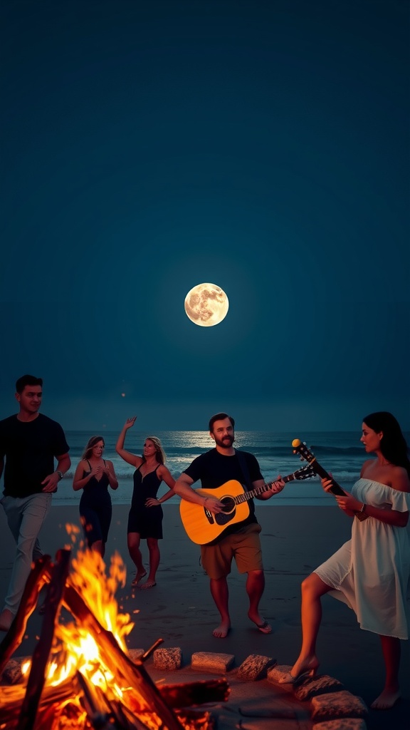 A group of friends enjoys a beach bonfire under the dazzling light of a full moon. A man plays a guitar, adding to the festive atmosphere, while others dance to the rhythm. The warm glow of the fire contrasts with the cool tones of the night sky and ocean, creating a harmonious and lively setting.