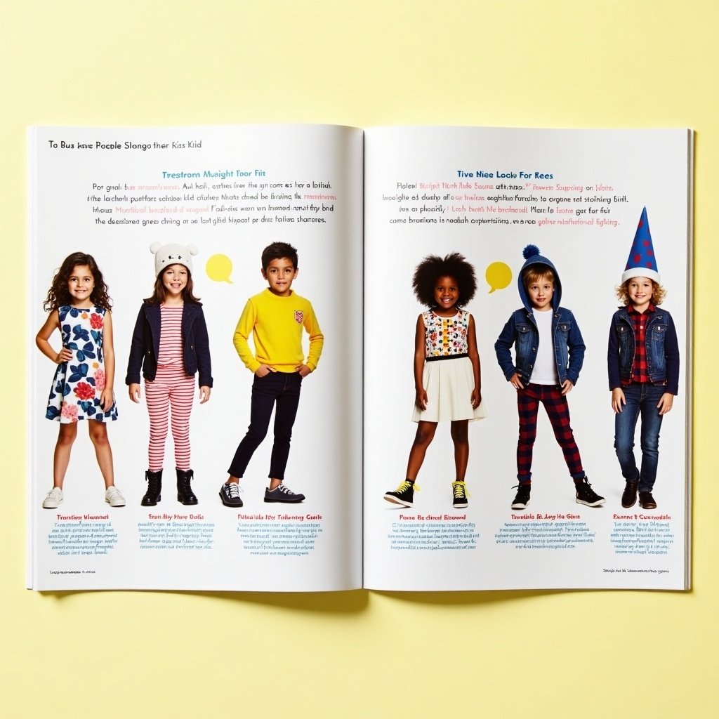 Magazine spread showcases children modeling trendy outfits. Features five models with unique clothing items. Bright colors and playful tips related to outfits. Engaging advertisement for children’s clothing.