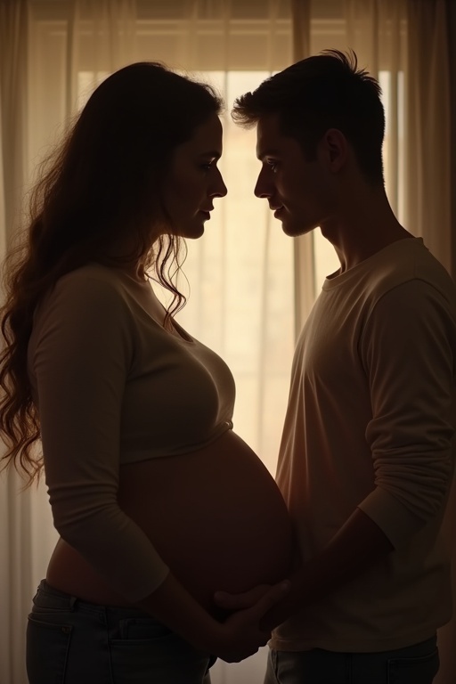 Pregnant mother faces her son. They stand side by side holding each other. The scene evokes emotion and connection. Soft lighting and draping curtains create an intimate atmosphere.