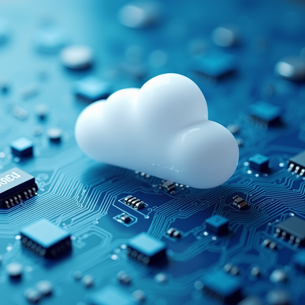 A cloud-shaped object is placed on a blue circuit board with various microchips and components.