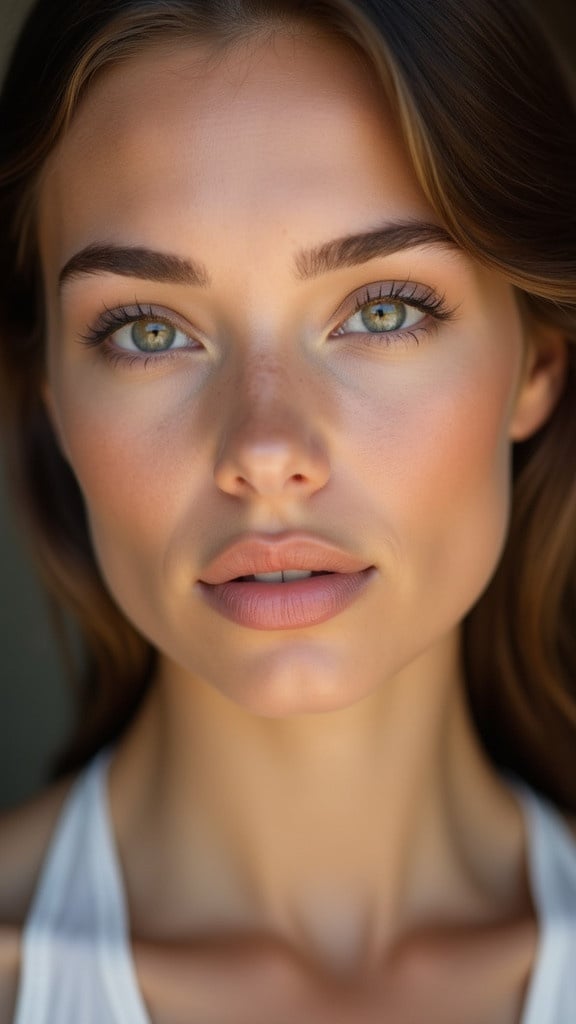 Close-up portrait of a beautiful young woman with natural makeup. Emphasis on glowing skin and features.