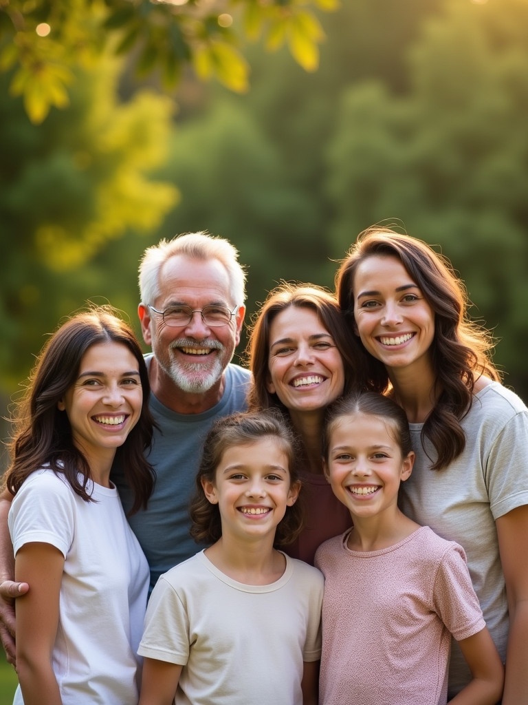 A joyful family portrait taken outdoors with six individuals. They are smiling warmly at the camera surrounded by lush green trees. The warm sunlight adds a golden hue to the scene, enhancing the happiness of the moment.