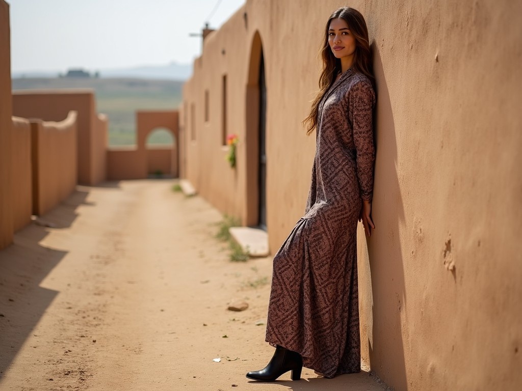 A 30-year-old woman wearing a patterned abaya and high-heeled boots stands in a beautiful village. She leans against a rustic wall with her hands behind her. The background features a dirt road, inviting a rural charm. The sunlight enhances the textures of the surroundings. She looks confidently at the camera, showcasing her style. The setting reflects a blend of modern and traditional influences. Her outfit choice is elegant and thoughtful, embodying cultural fashion. Overall, the scene captures a serene moment in a picturesque location, highlighting her attire. This image is perfect for fashion-related content.