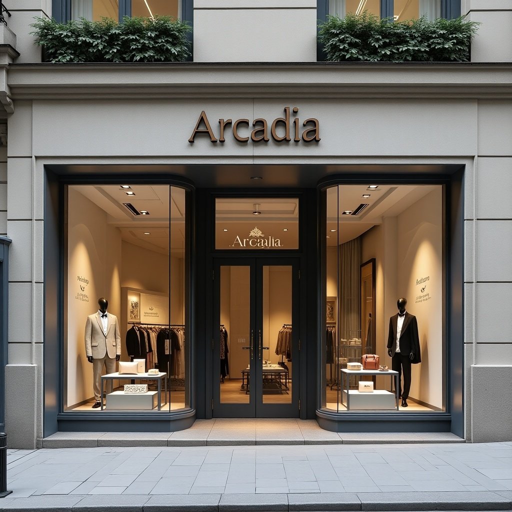 This image showcases a luxury storefront for the brand 'Arcadia'. The exterior features elegant and minimalist design elements, emphasizing a modest yet sophisticated appeal. The storefront is inviting with well-lit display windows showcasing stylish clothing for both men and women. The brand name 'Arcadia' is subtly highlighted above the entrance, creating a sense of exclusivity. Lush greenery decorates the top of the windows, adding a touch of nature and elegance to the urban setting.