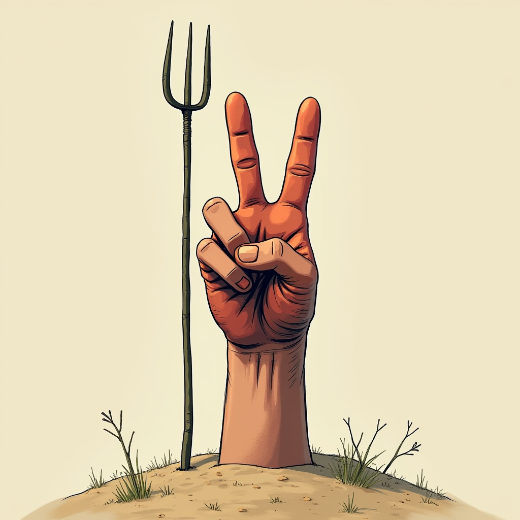 A hand emerges from the ground, making a peace sign next to a pitchfork. 