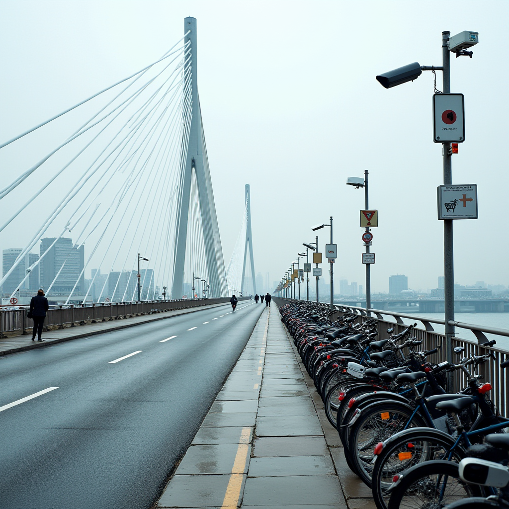 A bridge with a dedicated cycling path lined with parked bicycles on a foggy day, showcasing modern urban infrastructure.