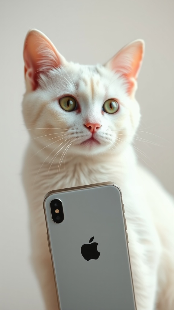 A white cat appears to be taking a selfie with an iPhone.