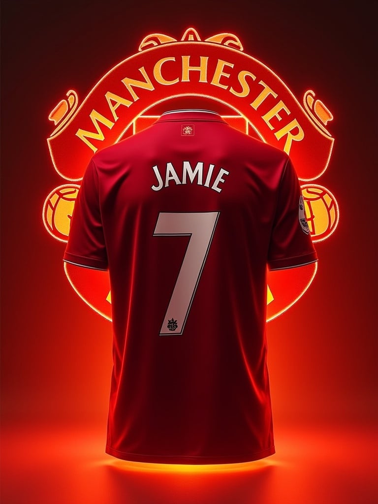 A red fire background with the Manchester United logo. A shirt showing the name 'Jamie' in number 7 is prominently displayed. Backlit to highlight details.