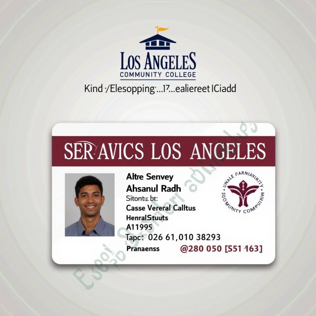 This image shows a scanned student ID card from Los Angeles Community College. The card displays a student named Ahsanul Radh with a clear photo. Key information includes the student ID number and other identifiers. The design showcases the branding of the college prominently. This card is essential for identifying students within the academic community.