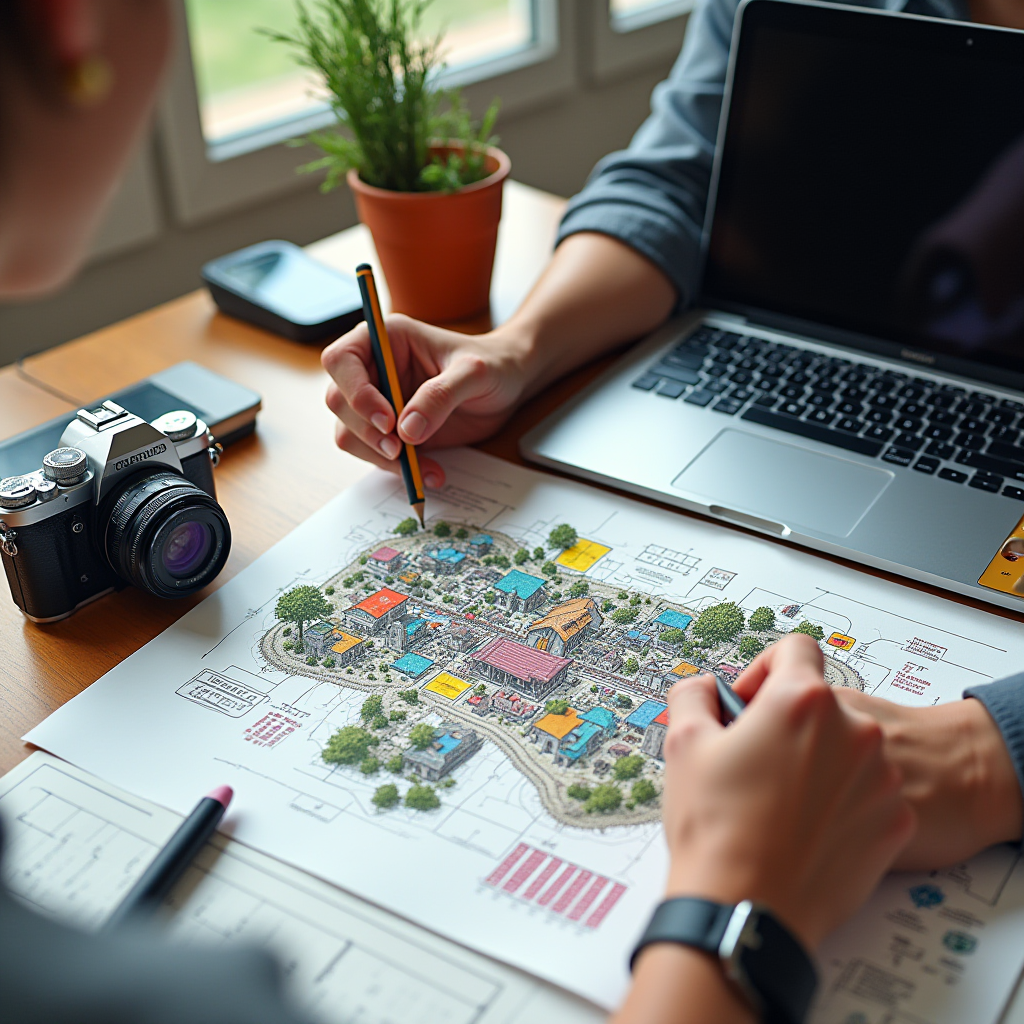 Two people study a detailed map or layout on a desk with a laptop and camera nearby.