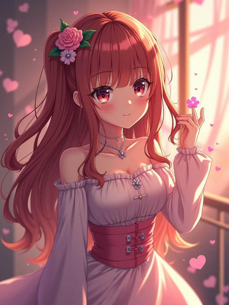 A romantic anime girl stands gracefully. She has long flowing hair adorned with roses. The character's dress is elegant with delicate features. A warm and soft lighting bathes the scene. Heart shapes float around her.