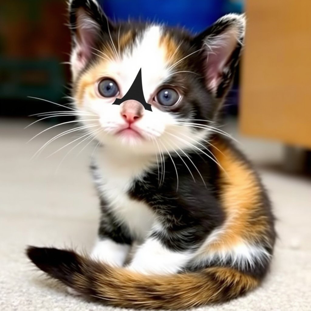 A cute calico kitten with a unique symmetrical facial marking, resembling a harlequin mask.