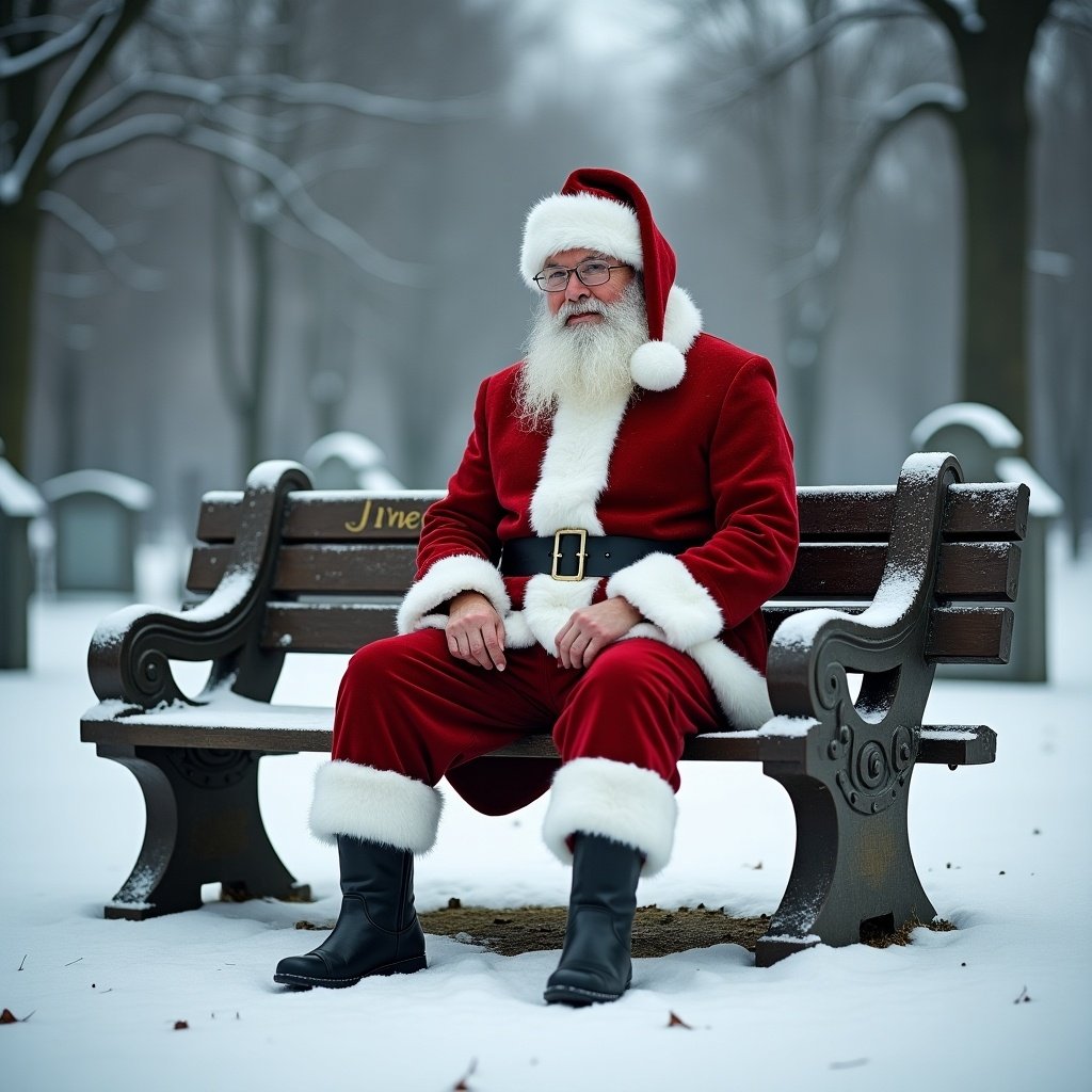 Santa Claus in a red costume sits on a bench covered in snow. Cemetery setting. Name James engraved on the bench. A boy spirit is subtly suggested.