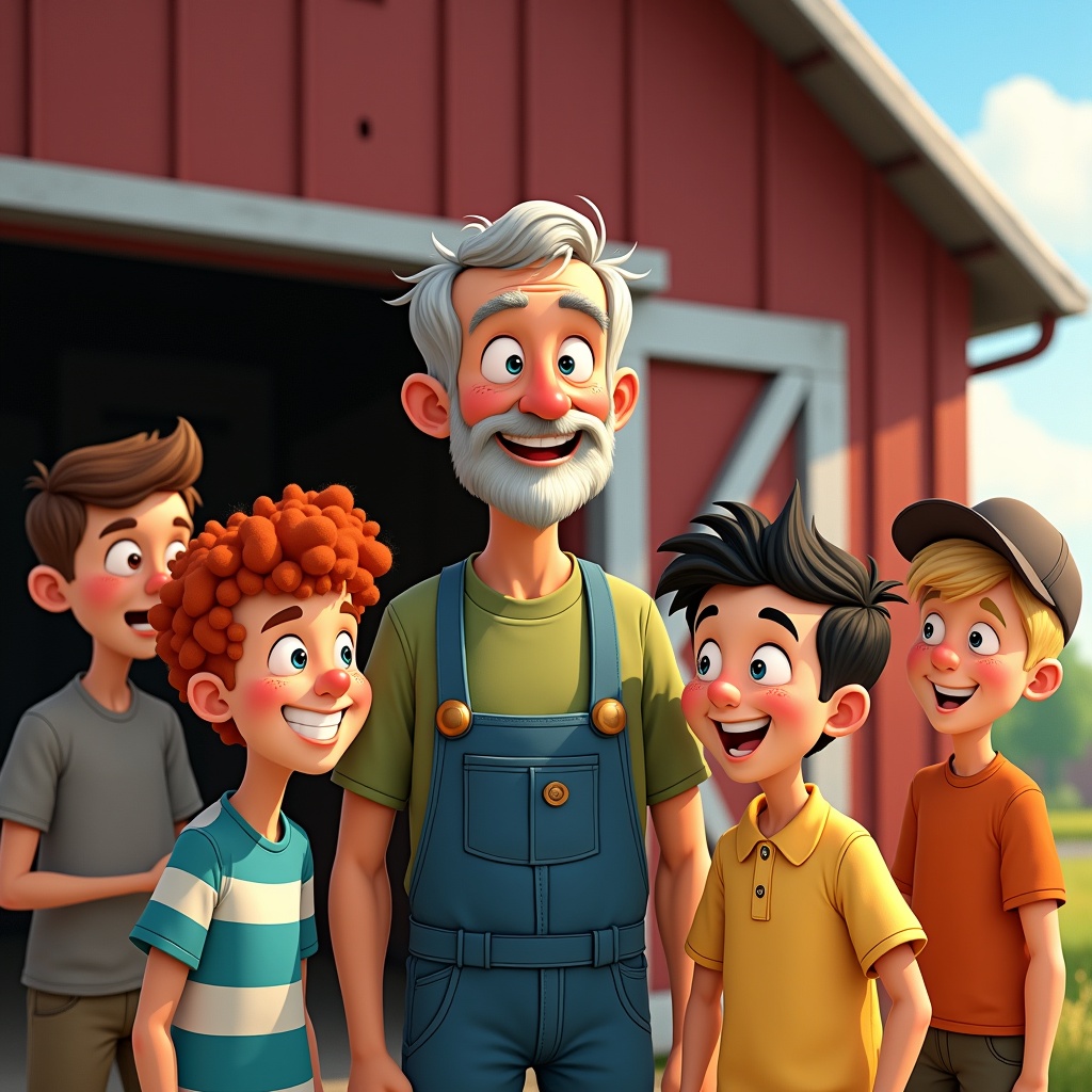 A cheerful cartoon of an older man with children on a sunny day in front of a barn, showcasing happiness and family bonding.