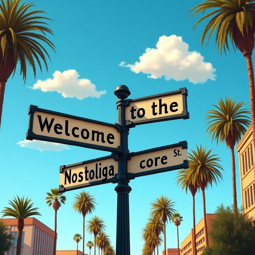 This image features a city crossroad street sign. The top reads 'Welcome to the' and the bottom reads 'Nostalgiacore St.'. The sign is surrounded by palm trees and a sunny day. A clear blue sky with fluffy clouds completes the scene.