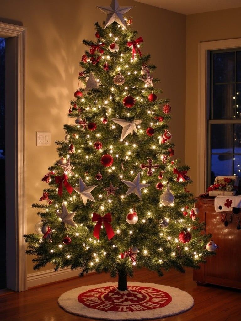 A Christmas tree decorated with red and white ornaments stars and Christmas lights. The interior setting is warm and welcoming. Soft lighting from the ornament illuminates the scene in a cozy environment.