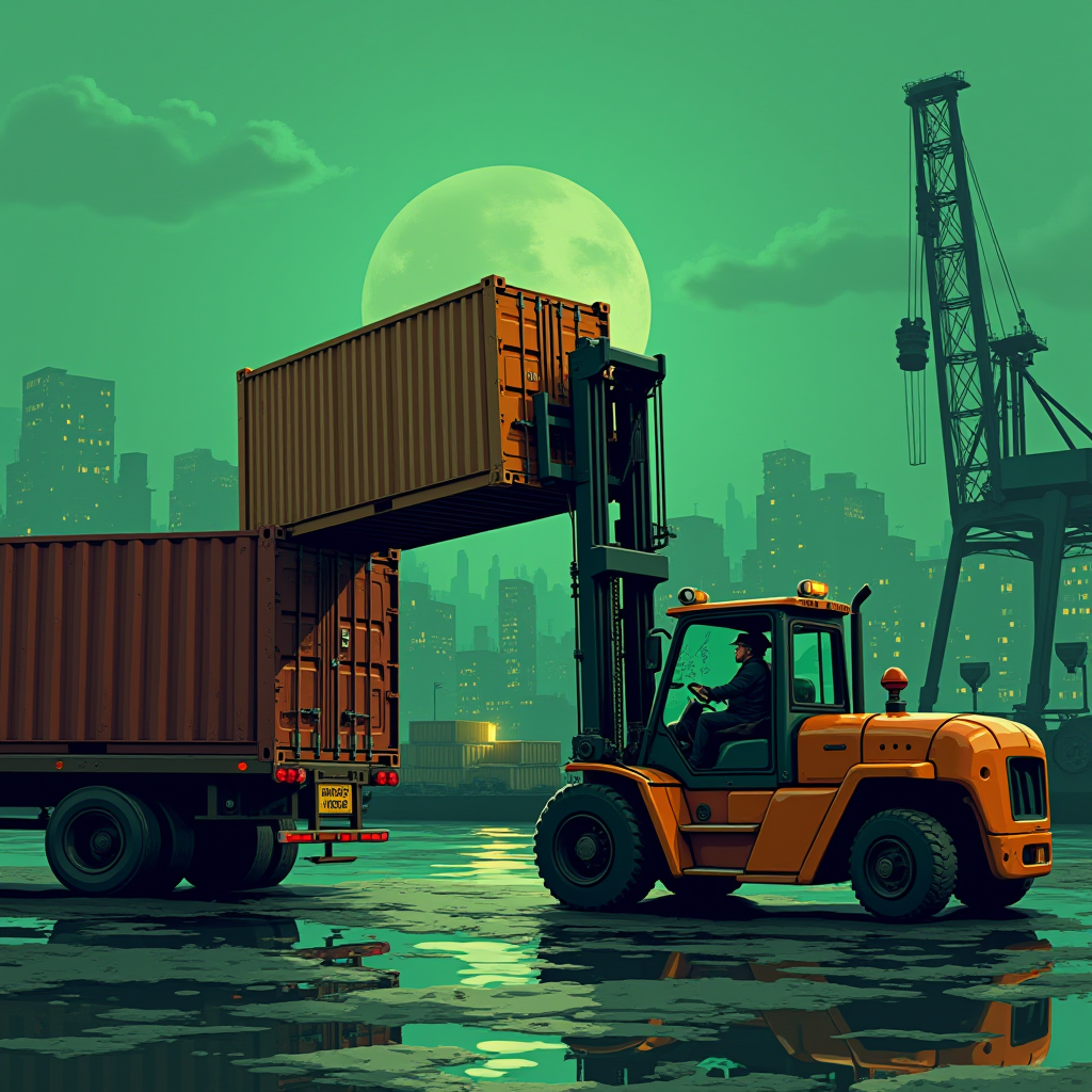 A forklift loads a shipping container under the glow of a full moon in an industrial cityscape.