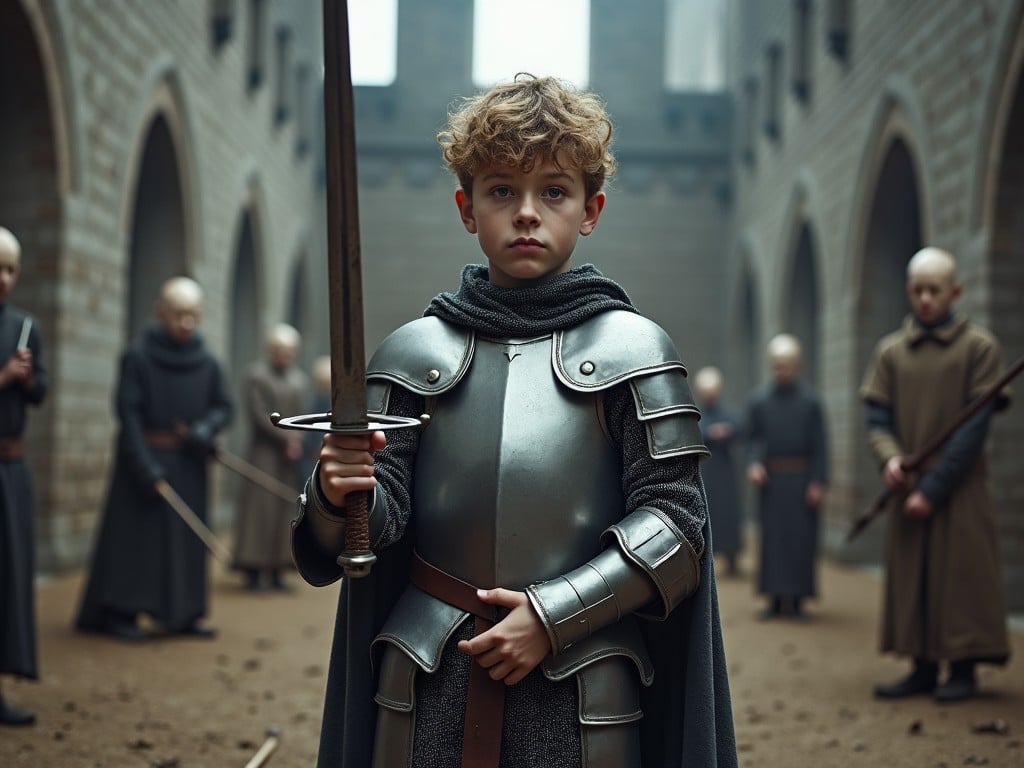 This image showcases a young preteen knight clad in armor, holding a sword while training in the castle yard. The backdrop features multiple training dummies and arrow targets. The scene captures a dark, gritty ambiance, highlighting the boy's bleak demeanor and determination. The lighting is dim, enhancing the serious mood of training. Other figures in the background create a sense of camaraderie and challenge, emphasizing the boy's focus and resolve.