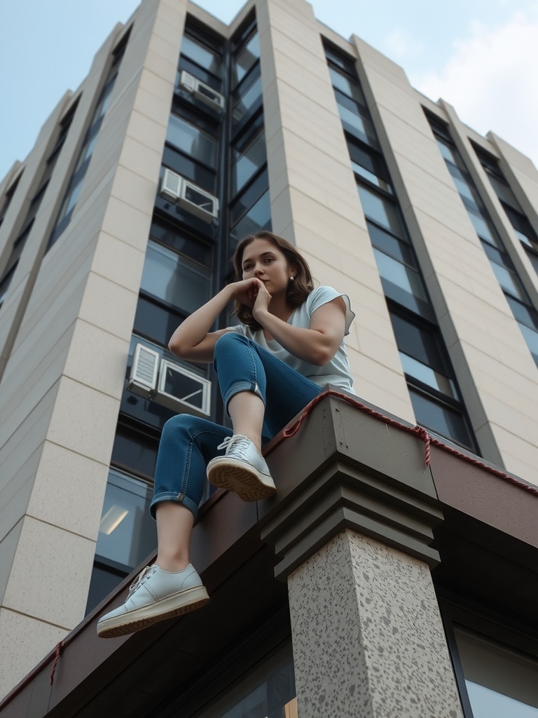 A young woman is perched atop the edge of a high rooftop, deep in thought. The building behind her soars upwards, its reflective windows capturing the soft daylight. Her casual attire contrasts with the sharp lines of the modern architectural structure, evoking a sense of introspection and freedom.