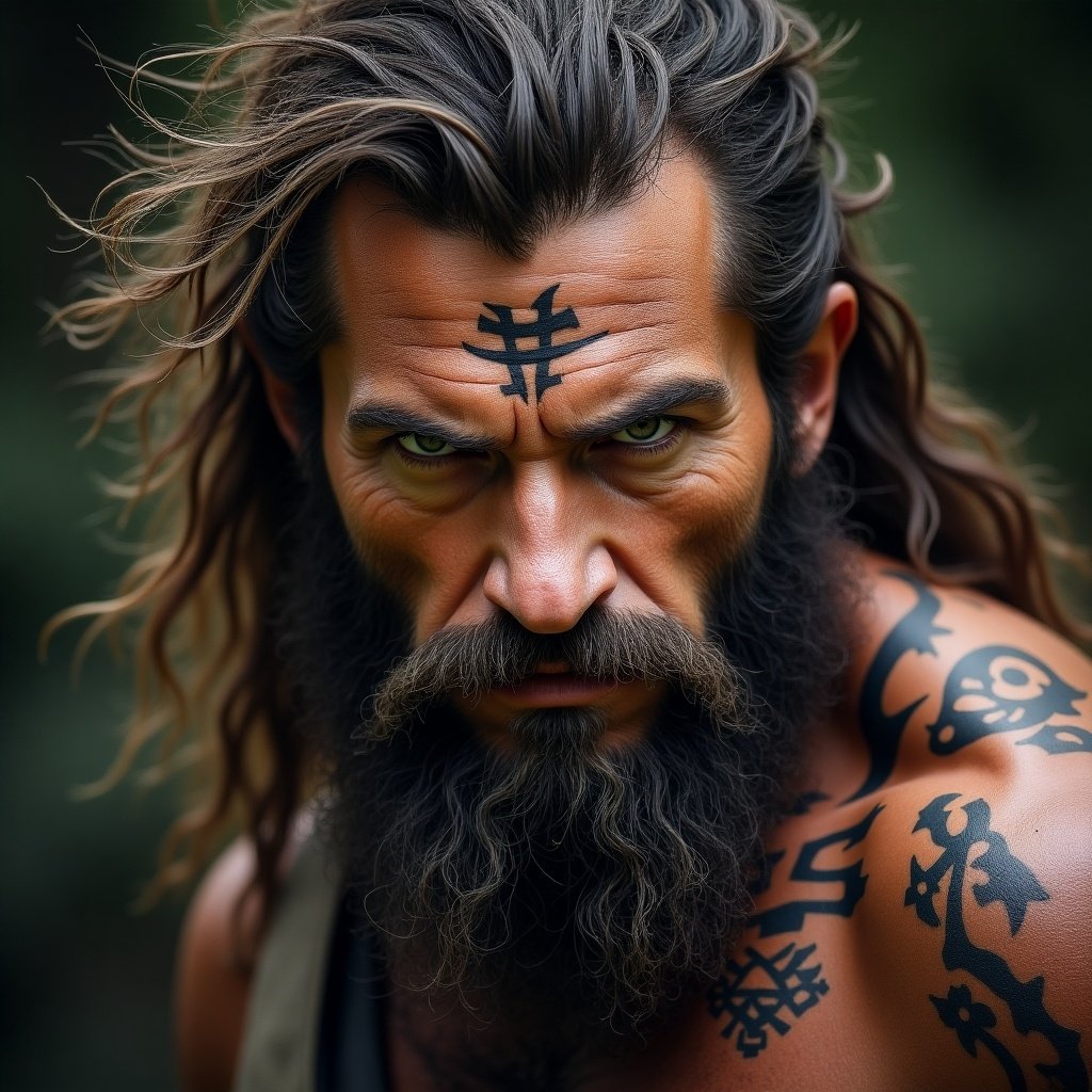 Close-up portrait of a barbarian man with an intense expression. The man has a long beard, prominent tattoos, and wild hair. The focus is on his fierce gaze and muscular features.