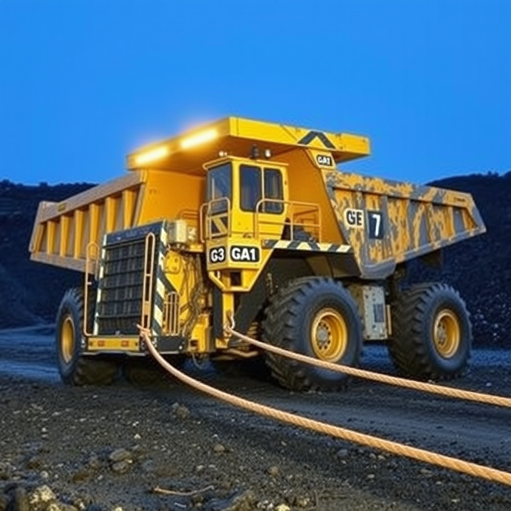 A large, yellow mining dump truck set against a deep blue evening sky, with rugged off-road tires and thick cables attached at the front.