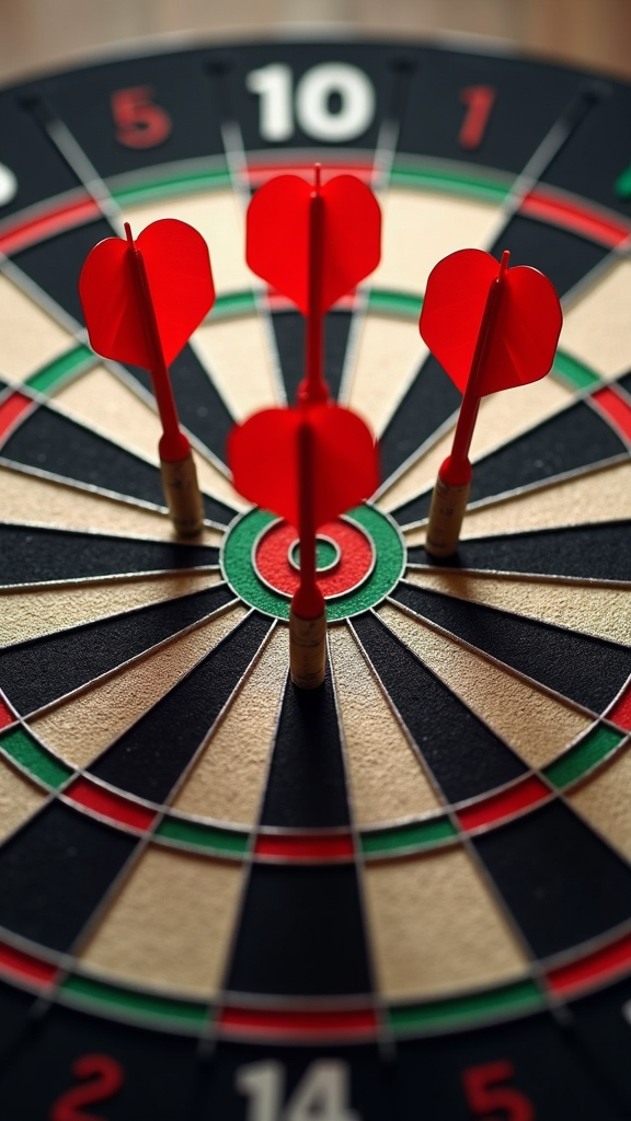 Four red darts are perfectly clustered in the bullseye of a dartboard, highlighting precision and accuracy.