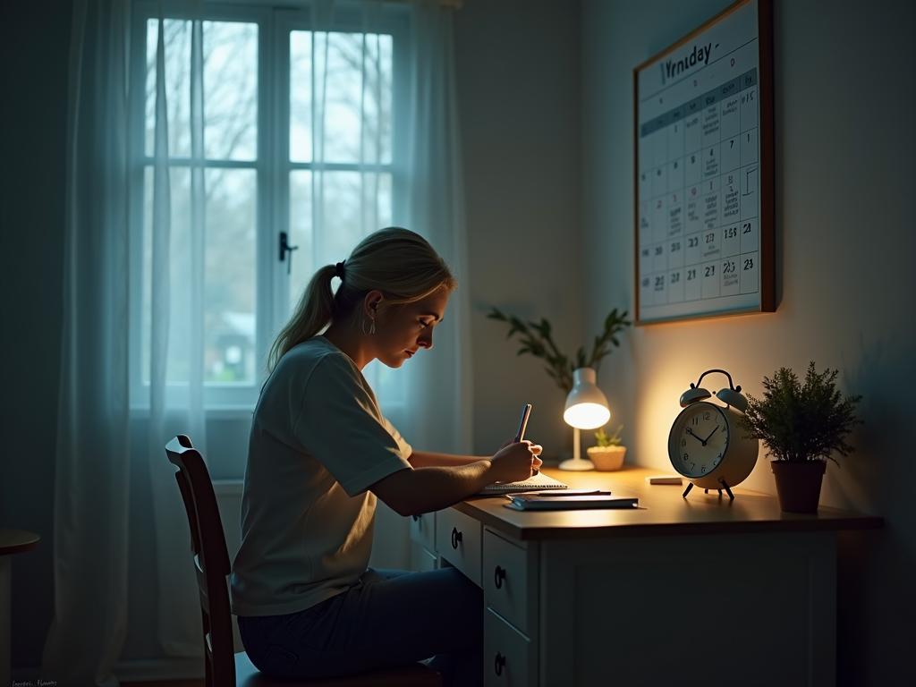 A person is writing at a desk, illuminated by a small lamp, with a calendar and clock nearby.