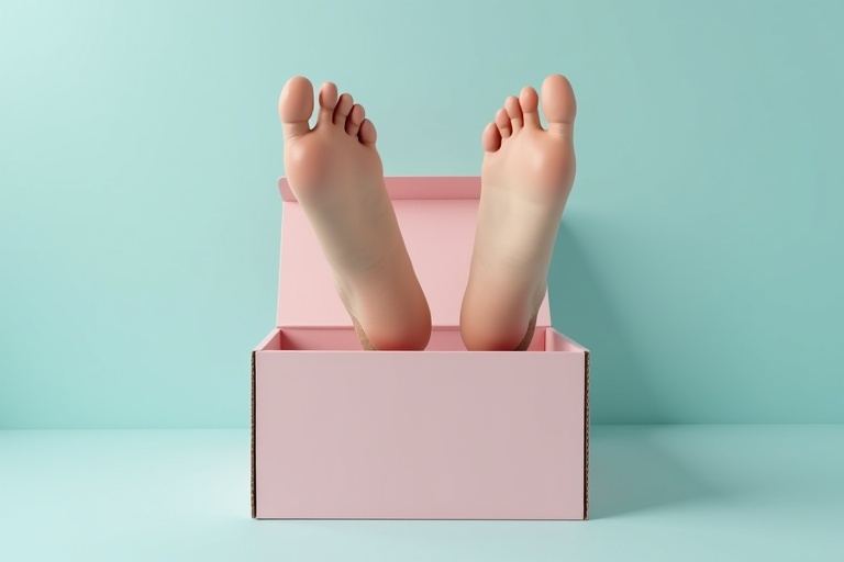 A neatly placed box holds a pair of well-groomed female feet. The feet appear realistic. The background is soft pastel blue.