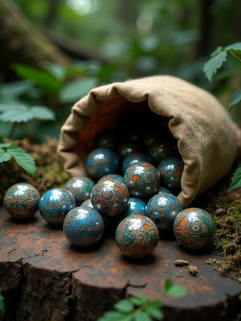 Hyper-realistic round marbles made of anodized sterling silver with etched Polynesian tribal tattoo patterns. Spilling from a worn sack made of light brown patchwork canvas. Setting resembles a forest floor in the Amazon jungle.