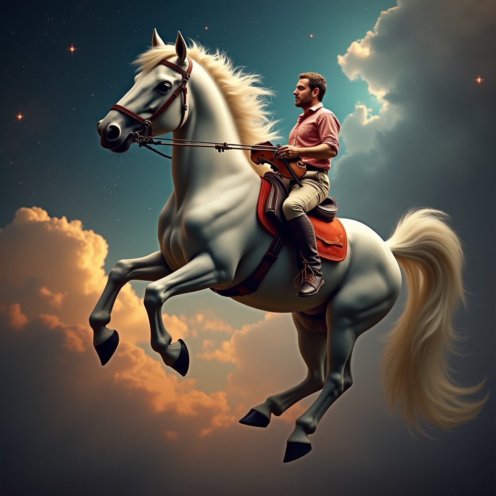 A horse and a man hover in a colorful sky. The horse is raised on its hind legs. The man appears calm and focused. The horse's mane billows. Background features clouds and stars. Highlighted by a surreal light effect.