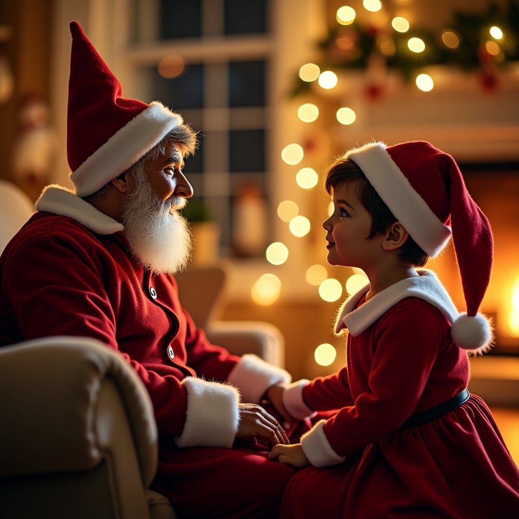 An elf on the shelf interacts with Santa. Discussion about how a child listened to family members. Scene captures holiday spirit with warmth.