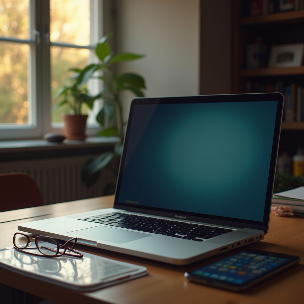 A peaceful scene of a laptop and smartphone on a wooden desk by a window, with a plant adding a touch of nature.