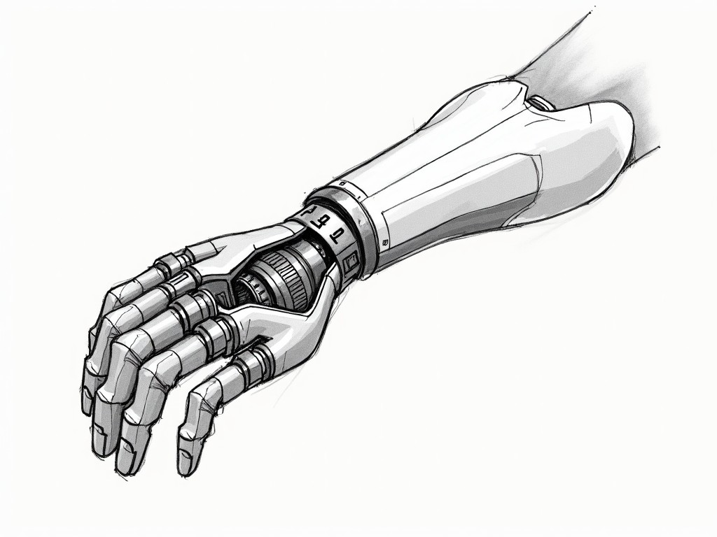 This image depicts a concept sketch of a modern prosthetic hand. The design features a sleek, metallic appearance with articulated fingers, showcasing advanced technology. The palm area is detailed with a rotary joint mechanism, emphasizing functionality. The overall aesthetic merges mechanical precision with human-like form. This sketch serves as a visual exploration of future prosthetic advancements, blending functionality with design sophistication.