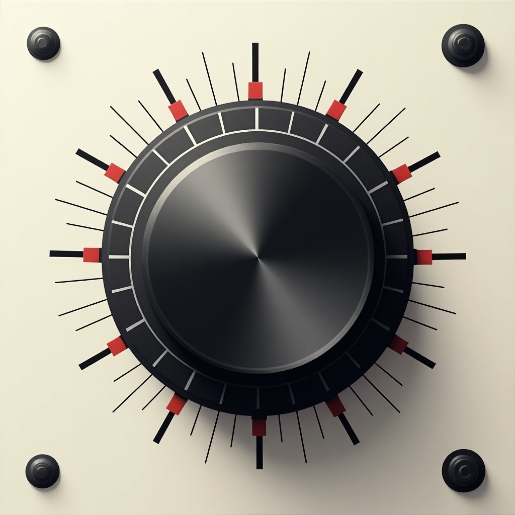 This image depicts a sleek, modern volume knob designed for user interface applications. The black circular dial is highlighted with red accents and radiating lines, suggesting adjustability and precision. It is set against a neutral background, enhancing its visibility. The design is minimalistic yet effective for illustrating audio controls. Perfect for use in graphics, product designs, or marketing materials.