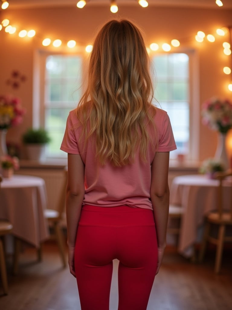 Girl standing with back facing camera. Blonde hair falls over shoulders. Wears bright red leggings. Pink top on her body. Room is decorated for a party. Warm glowing lights illuminate the space.