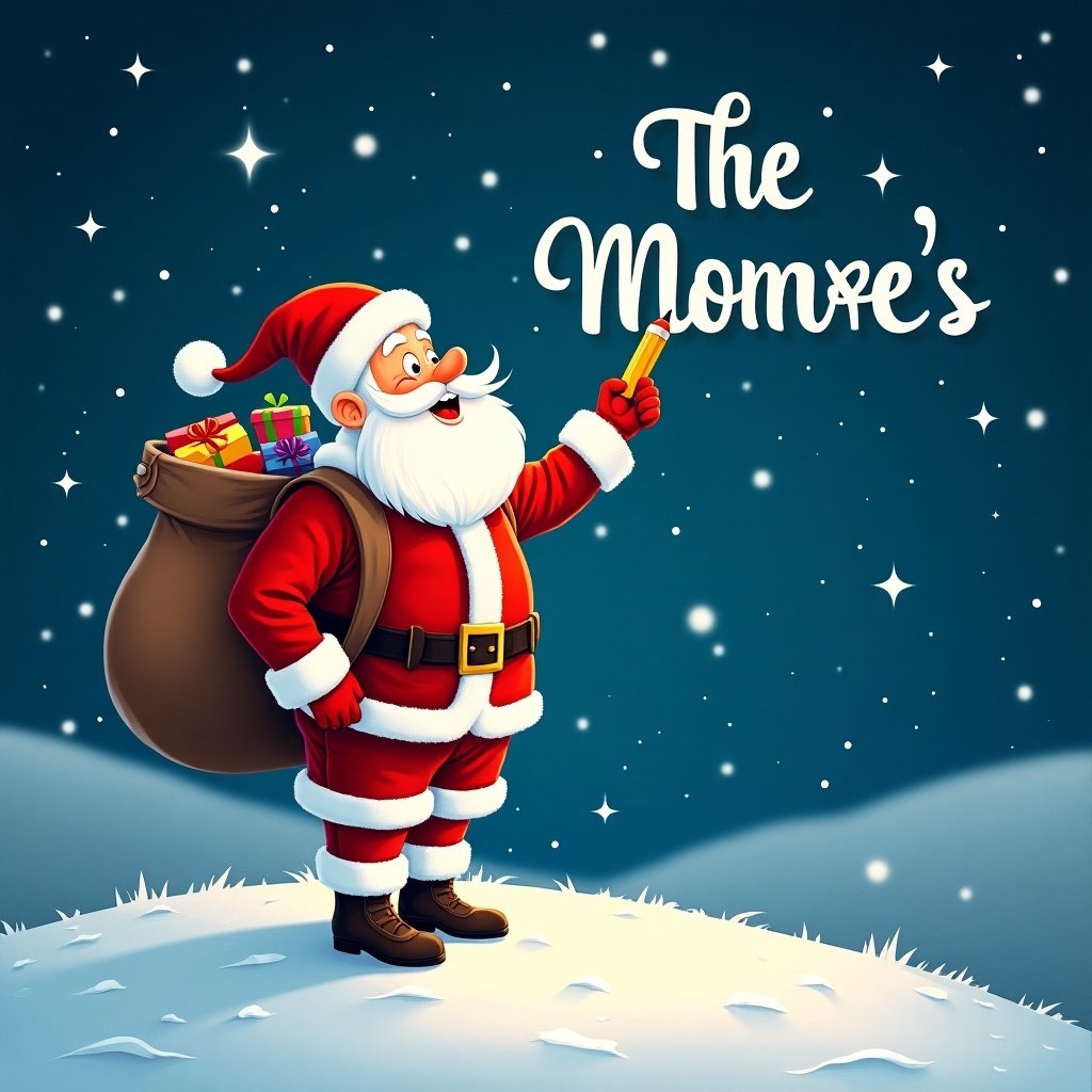 Magical winter scene with Santa Claus on snowy hill under starry night. Santa holds a pencil writing names in sky. Traditional red and white suit with large sack of gifts. Bright night with twinkling stars. Phrase 'The Monroe’s' in whimsical font adds festivity.