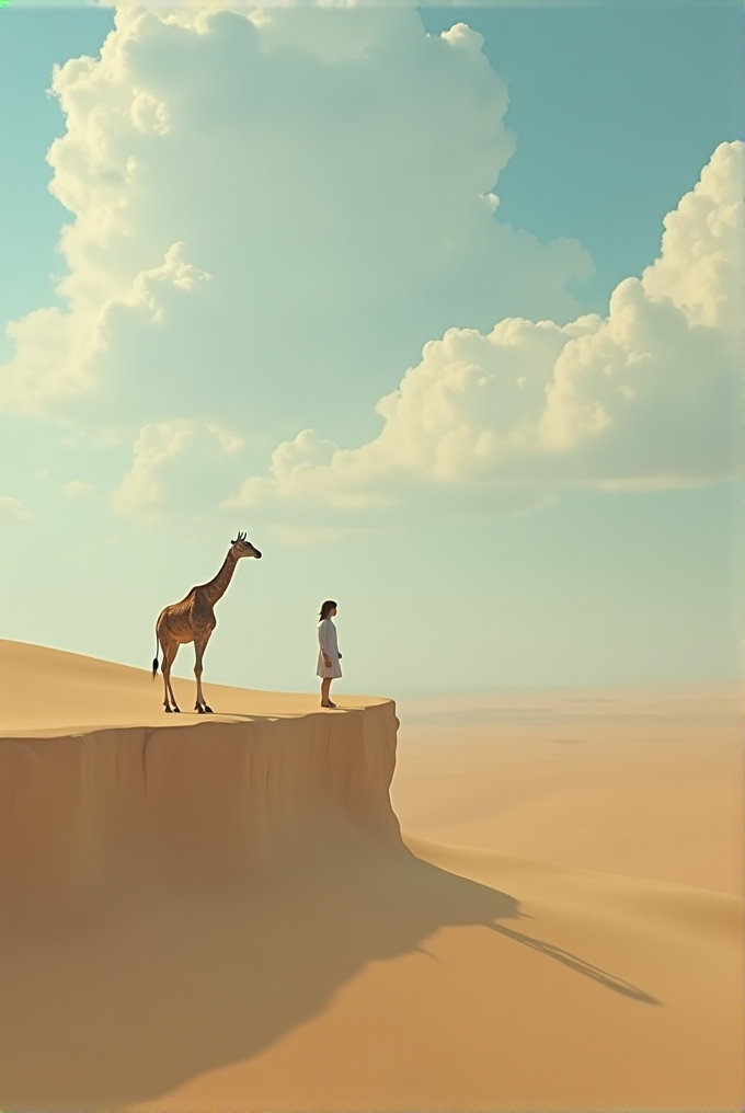 A lone person and a giraffe standing on the edge of a sandy cliff under a vast sky filled with fluffy clouds.