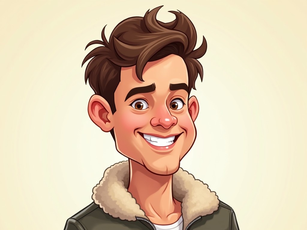 This illustration showcases a cartoon-style caricature of a man who appears cheerful and playful. His smile is big and welcoming, highlighting prominent cheekbones that enhance his exaggerated features. The hair is styled in a wavy, lighthearted manner, adding to his fun expression. He is dressed in a casual jacket with a cozy collar, perfect for a relaxed look. The background is a soft, light color that complements the character's vibe and enhances the humorous tone of the artwork.