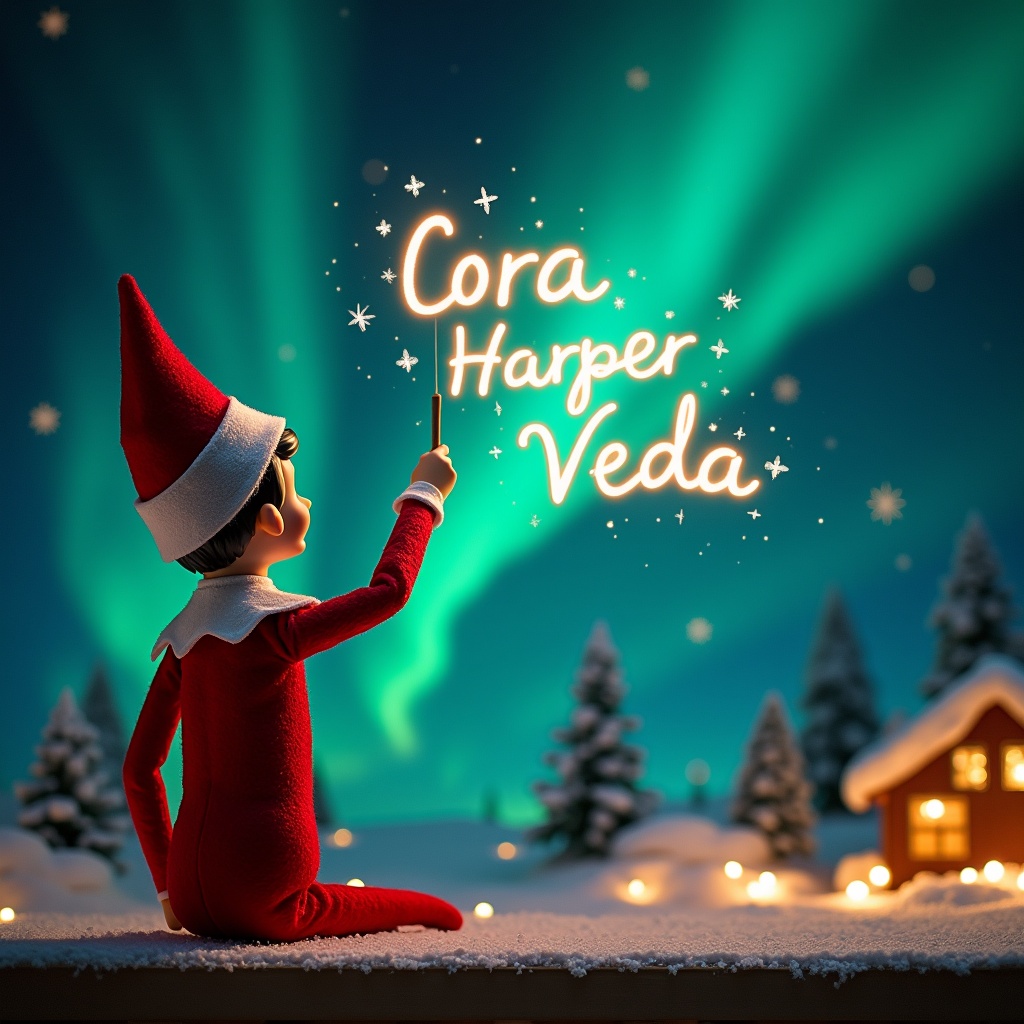 An enchanting Christmas scene features an elf on the shelf, dressed in red and white. The elf is facing the sky with his back to the viewer, wielding a magic wand. Above him, he writes the names 'Cora', 'Harper', and 'Veda' in glowing script. The backdrop displays vibrant northern lights, adding to the magical ambiance. This festive scene captures the joy of the holiday season, evoking a sense of wonder and excitement.