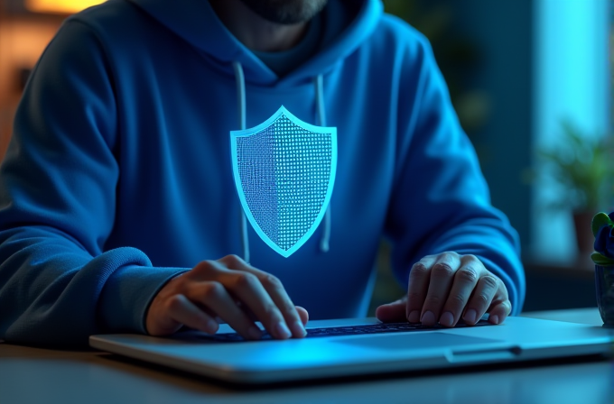 A person is typing on a laptop with a glowing digital shield hologram in front of them, symbolizing cybersecurity.