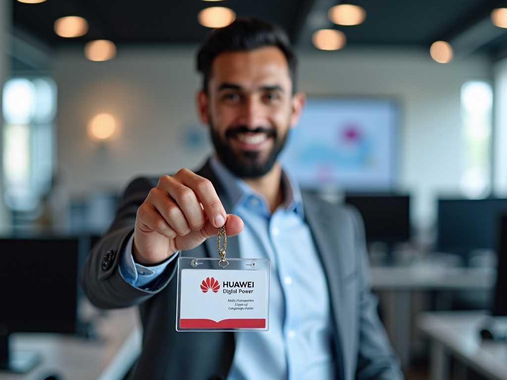 This image features a person in a business suit, smiling warmly and holding out a name badge with the logo and name 'Huawei Digital Power'. The background is an office environment with computers, suggesting a professional setting. The image exudes a welcoming and confident atmosphere, highlighting a corporate identity.