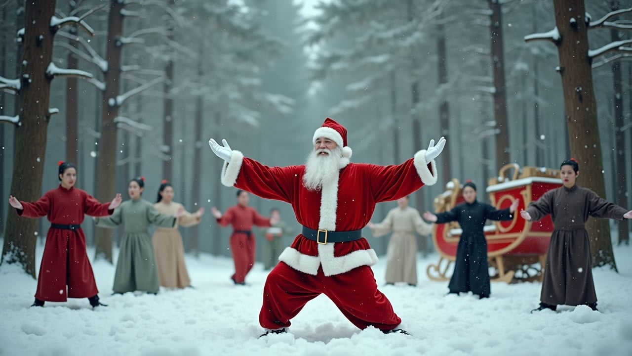 Cinematic image of Santa Claus with open arms. Diverse people practicing Tai Chi in different styles. Snowy woods visible. Sleigh with reindeer parked. Wide shot showing Santa surrounded by joyful individuals practicing chen and yang style tai chi postures. Each person has a different posture.