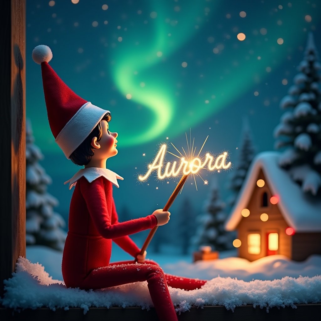 Elf on the shelf sits with back to viewer. Gazes skyward. Holds glowing wand emitting sparkling light. Background shows charming Christmas scene. Colorful northern lights swirl above. Cozy house in distance decorated for holidays. Snow covers ground adding winter atmosphere. Elf in playful position embodies spirit of magic and wonder associated with Christmas. Name 'Aurora' written in air using wand.