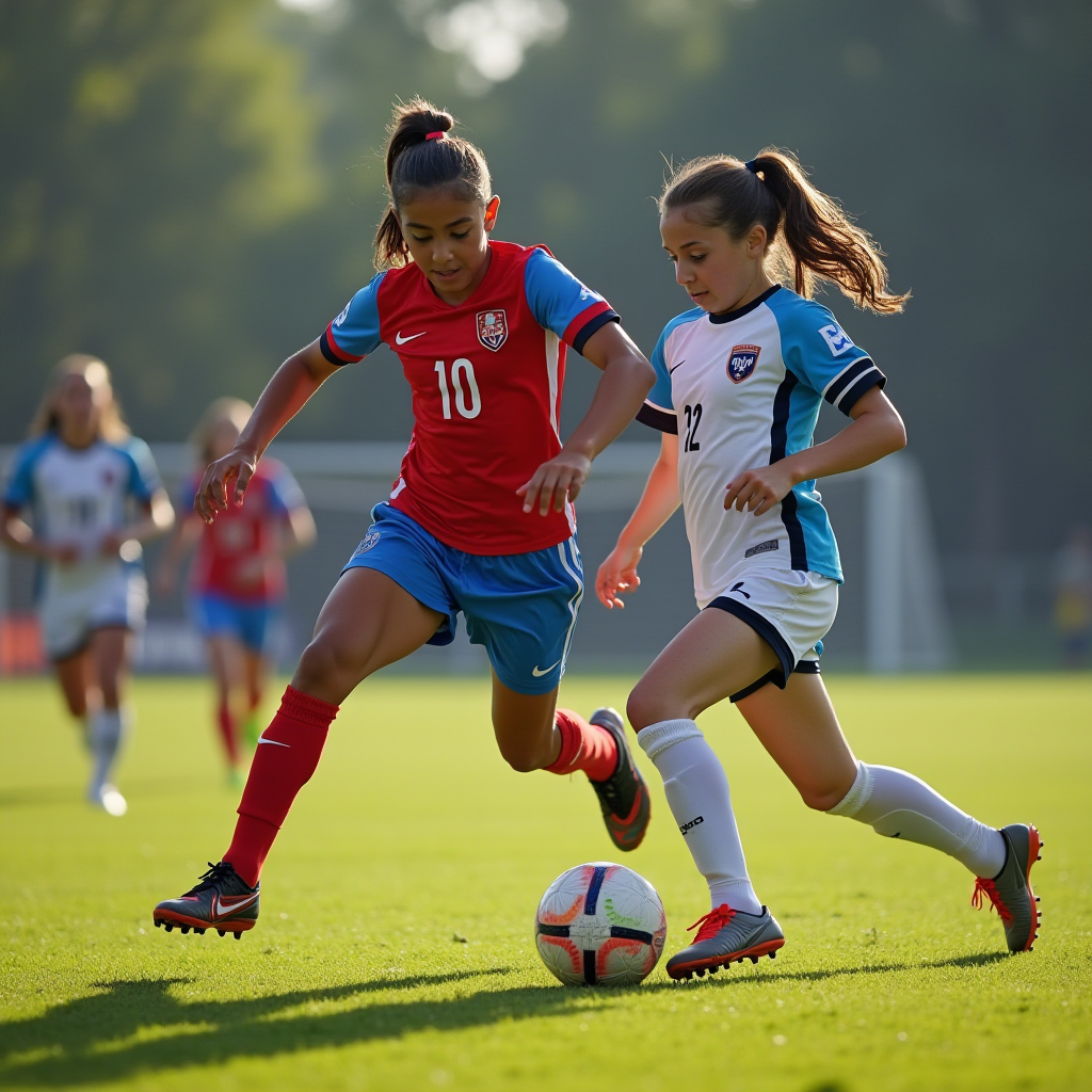 Two young female soccer players compete for the ball on a sunlit field during a competitive youth match.